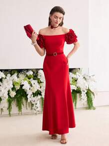 MOTF Soiréza 立体花朵露肩鸡尾酒礼服 - 紅色 - 查看 7