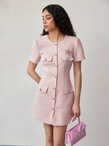 MOTF STUDIO TWEED BUTTON UP DRESS - Pink - View 2