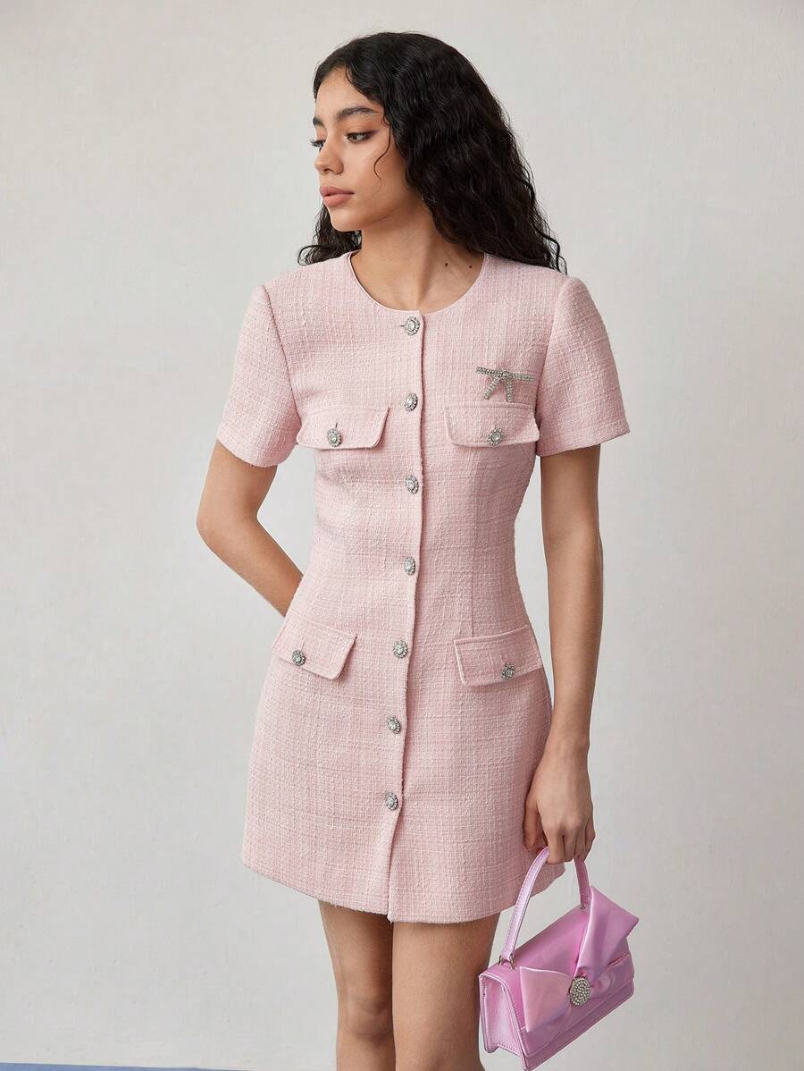 MOTF STUDIO TWEED BUTTON UP DRESS - Pink - View 2
