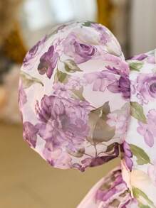 SHEIN Young Girl Chiffon Ditsy Floral V-Neck Puff Sleeve Hollow Out Bow Back Decor Party Dress