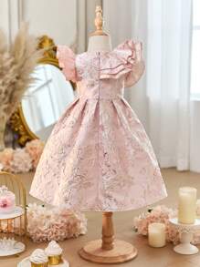 Young Girl Jacquard Weave Ruffle Collar Fitted Casual Dress - Pink - View 2