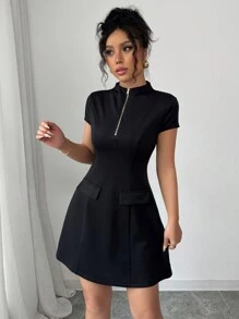 Elenzga Vintage Style Cocktail Mini Dress, Puff Sleeve Waist Gathered Design, Slim Fit, Gold Zipper Detail Faux Pockets, Unique Princess Dress - Black - View 3