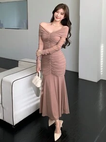 DAZY 女士优雅纯色露肩荷叶边中长连衣裙，春夏舞会礼服优雅，秋季服装长袖连衣裙 - 卡其色 - 查看 6