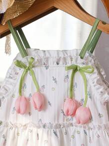 Souflis Souflis 年轻女孩数码印花花卉装饰荷叶边下摆细肩带 A 字形连衣裙，休闲海滩度假派对装，夏季 - 白色 - 查看 3