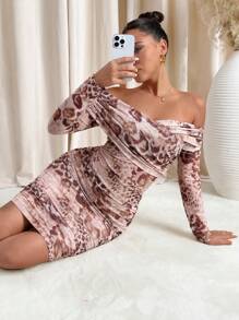 SHEIN Clasi Off-The-Shoulder Leopard Print Ruched Fitted Dress,Valentine's Day Dress