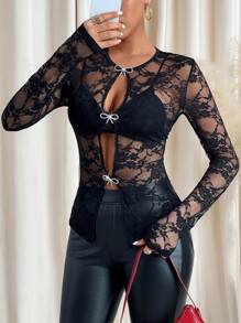 SHEIN Clasi 女士蝴蝶结装饰水钻纽扣上衣，情人节节日 - 黑色 - 查看 6