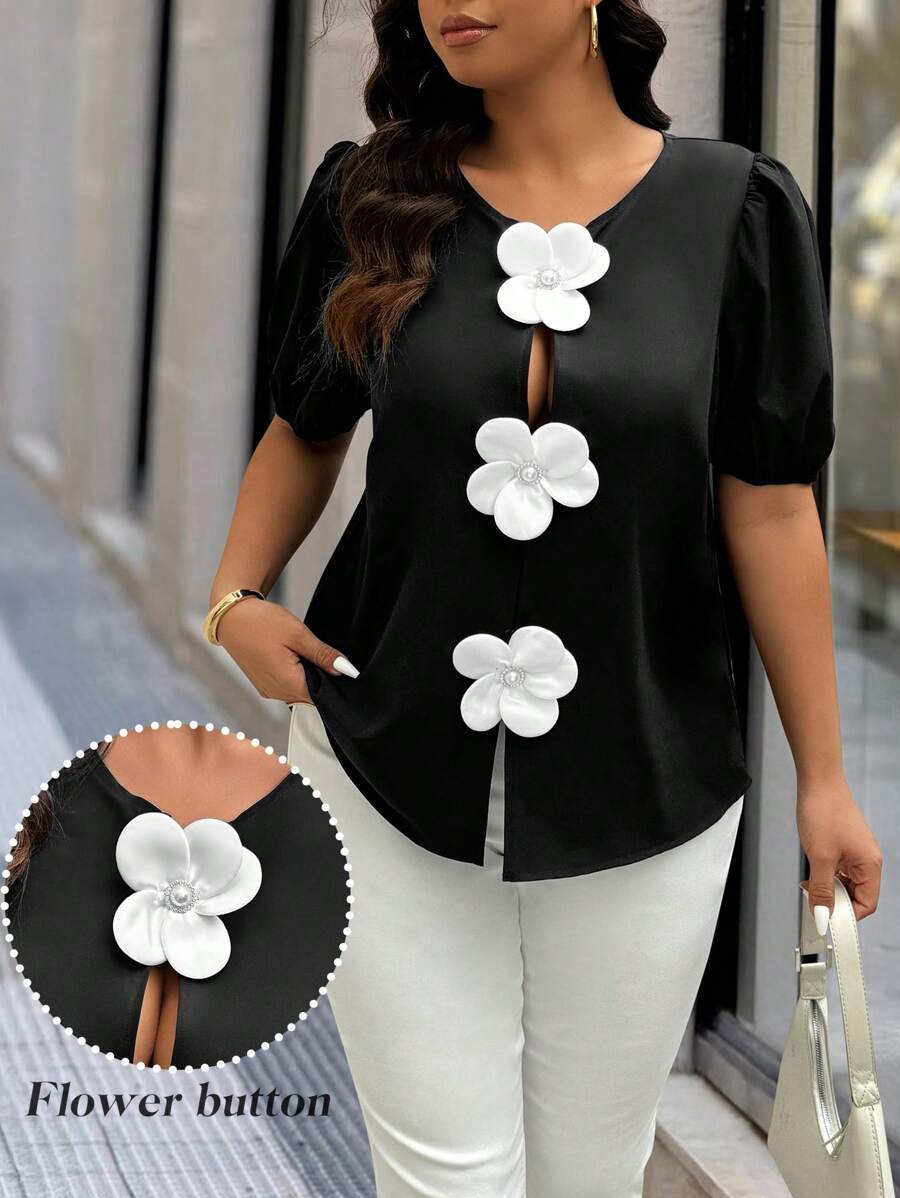Easura Blusa con volantes 3D, flores y aplicaciones de perlas para tallas grandes - Negro - Ver 1