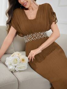 Modelyn Women's Brown Textured Midi Dress: Elegant Cocktail Or Party Dress With Pearl Beading,Summer Dresses For Women