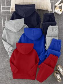 8pcs Tween Boy Casual Korean Style Letter & Graphic Print Hoodie Sweatshirt And Solid Color Sweatpants 2 Pieces Set, 4 Designs, Suitable For School, Garden, Beach, Birthday, Spring, Summer, Autumn, Winter