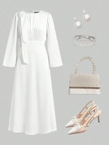 SHEIN Clasi 情人节，优雅女士白色长袖丝缎立体花卉褶皱收腰鱼尾下摆A字裙秋冬季适合各种场合 - 白色 - 查看 2
