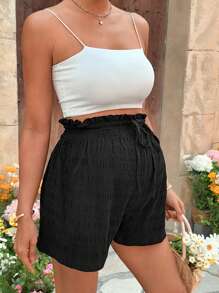 SHEIN Quần short ống rộng lưng thun họa tiết trơn màu thời trang cho kỳ nghỉ bà bầu - màu đen - Xem 5