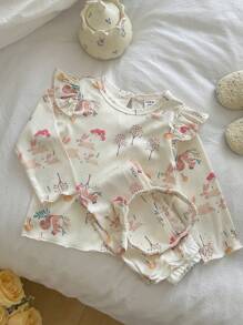 3pcs Baby Girl Easter Outfit,Cute Multicolor Funny Rabbit Squirrel Mushroom Forest Long Sleeve T-Shirt,Leggings&Headband Set,Autumn Family Matching - Khaki - View 10