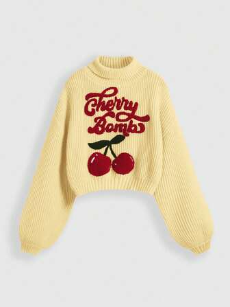 Fairycore Cute & Chic Cherry Embroidered Mock Neck Lantern Sleeve Casual Pullover Sweater For Women