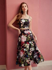 MOTF PREMIUM Conjunto de top de tirantes con estampado floral y falda evasé - Multicolor - Ver 7