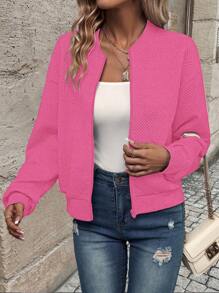 SHEIN LUNE Women's Hot Pink Textured Zip-Up Bomber Jacket: Casual And Stylish