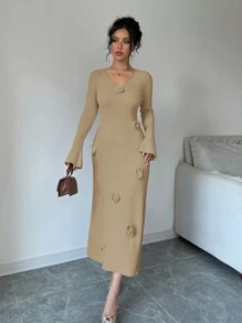 Elenzga 3D 花朵系带长袖休闲针织长裙 - 駝色 - 查看 5