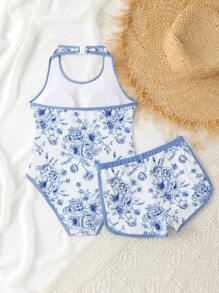 SHEIN 青少年女孩连体泳衣，印花度假连体泳衣泳装，可爱运动连体泳衣 - 藍色 - 查看 2