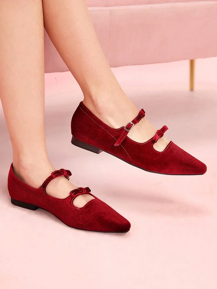 CUCCOO DOLLMOD Suede Bowknot Burgundy Pointed Toe Ballet Flats, Comfortable Women Casual Shoes For Valentine's Day, Spring