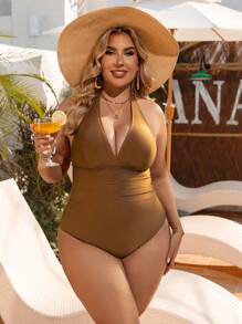 Swim Lushoire Summer Plus Size Women Solid Color Halter Backless Elegant One-Piece Swimsuit - Khaki - View 3