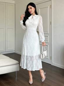 DAZY Women Elegant Solid Color Lace Ribbon Collar Puff Sleeve Mid-Length Dress Prom Dress