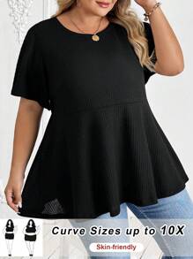 SHEIN CURVE+ Plus Size Women A-Line Short Sleeve Black T-Shirt Top, Versatile Casual Holiday