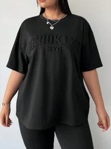 SHEIN CURVE+ Curve Plus Embossed Letter "Brooklyn" Black T-Shirt For Plus Size Women - Black - View 4