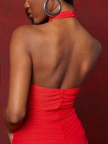 NYA SZN Dress Spring Sexy High Neck Ruched Maxi Dress Summer Festivals For Bridal, Wedding, Graduation, Dinner, Prom, Easter Special Occasion Sundress Formal Dresses For Women's - Red - View 3