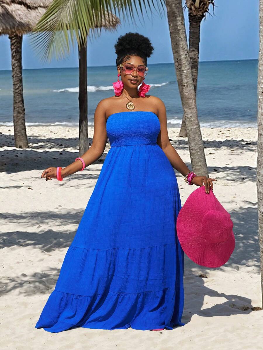 Slaydiva Pure Green Color Vacation Casual Style Strapless Plus Size Dress,Beach Dress Sundress,Holiday Outfits Boho - Royal Blue - View 1