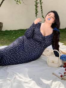 Dazy Plus All-Over Floral Print Wrap Dress Long Sleeve, Spring/Summer,Milkmaid Dress - Navy Blue - View 7
