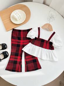 SHEIN Baby Girl Cute Summer Casual Knit 2 In 1 Plaid Patchwork Short Sleeve Top And Elastic Waist Plaid Flare Pants Set - Red - View 2