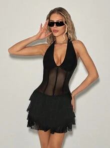 SHEIN ICON 女士 Y2k 外出性感露背挂脖透明网眼迷你黑色约会夜礼服网眼连衣裙 - 黑色 - 查看 1