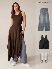 GLOWMODE SoftSerene Modal Cool Down Asymmetric Midi Dress Built-In Cups Daily Casual - Brown - View 6