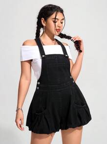 SHEIN EZwear 女士休闲牛仔背带工装裤连体裤，简约时尚，适合日常穿着 - 黑色 - 查看 3