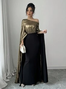 Elenzga Elegant Women's Luxury Evening Gown With Large Flared Sleeves And Gold Foil Details - Multicolor - View 5