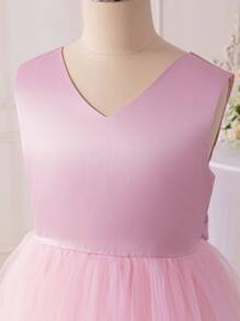 SHEIN Tween Girls' Solid Jacquard Sleeveless Mesh Splice Ruffle Hem Princess Dress, Suitable For Graduation, Birthday Party - Pink - View 8