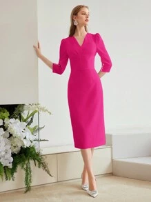 MOTF PREMIUM 褶饰开衩下摆连衣裙 - 玫紅色 - 查看 6