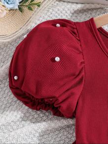 Spring/Summer Tween Girls ELGANTZ Puff Sleeve Beaded Bow Splice Mesh Ruffle Decor Party Dress, Suitable For Vacation, Holiday, Dinner, Family Gathering, Bridal,Holiday Summer Travel - Red - View 3