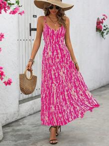 Breezaya Spaghetti Strap Full Printed Dress With Ruffle Hem Maxi Vacation Beach Outfits Women