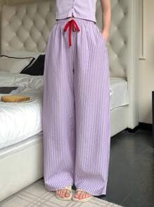DAZY 条纹宽松腰抽绳休闲舒适裤，女士春季家居舒适裤睡衣 - 紫色 - 查看 6