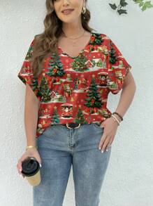 SHEIN Essnce 休闲简约圣诞红色圣诞树图案宽松大码女式 V 领短袖 T 恤，适合圣诞节 - 白色 - 查看 5