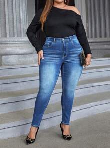 SHEIN CURVE+ 大码女式口袋紧身休闲百搭牛仔裤 - 中等水洗藍 - 查看 4