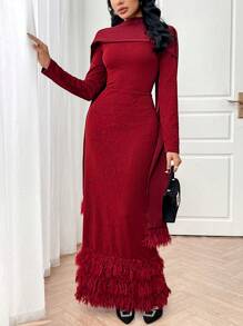 Modelyn Women Elegant Solid Color Tassel Trim Bodycon Dress Long Evening Dresses