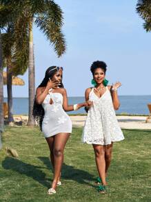 Slaydiva Plus Size Women's Lightweight Casual Jacquard Wide-Leg Romper - Apricot - View 4