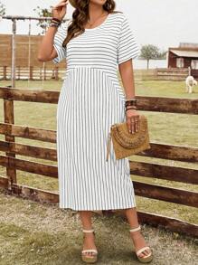 EMERY ROSE Plus Size Women's Summer Casual Striped Pocket Dress,Western Wear Women