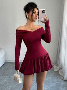 Elenzga Women's Solid Color Bud Waist Off Shoulder Elegant Dress - Burgundy - View 1