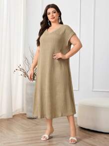 Al Najma Plus Size 2pcs Solid Long Sleeve Cover Up Dress - Khaki - View 4