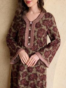 Al Najma Spring & Summer Women's Arabic Style Dress With Trumpet Sleeves, Collar And Sleeve Cuffs Pleated Ruffle,Modest - Multicolor - View 5