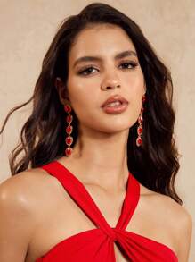 SHEIN BAE Aretes con forma de corazón rojo, flecos y rhinestones de estilo lujoso y de moda