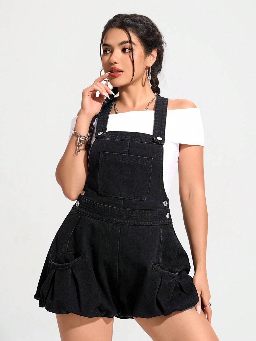 SHEIN EZwear 女士休闲牛仔背带工装裤连体裤，简约时尚，适合日常穿着 - 黑色 - 查看 1