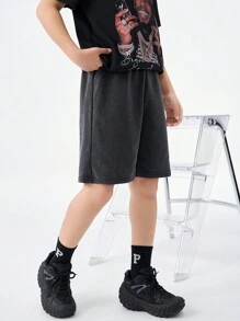 SHEIN Teenager Drawstring Waist Solid Color Fashionable Casual Shorts, School - Black - View 4